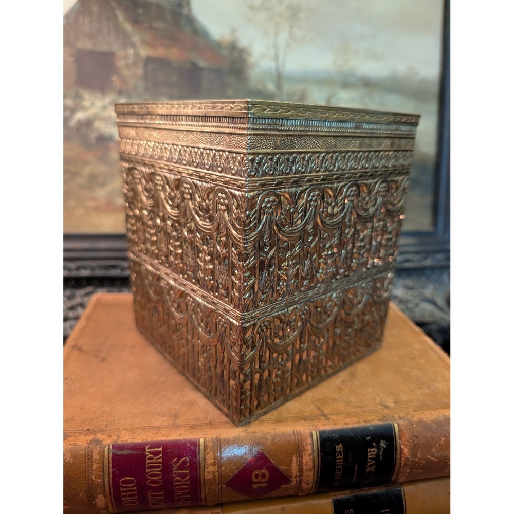 Vintage Ornate Brass Filigree Tissue Box Cover Hollywood Regency Victorian Style